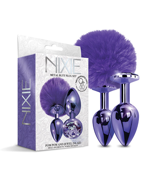 Nixie Metal Butt Plug Set Pom Pom & Jewel Metallic