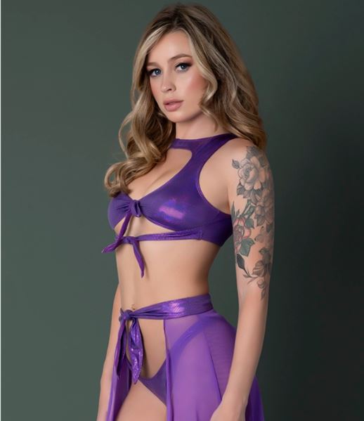 Glimmer Crop Top Skirt Tanga Metallic Purple S/m
