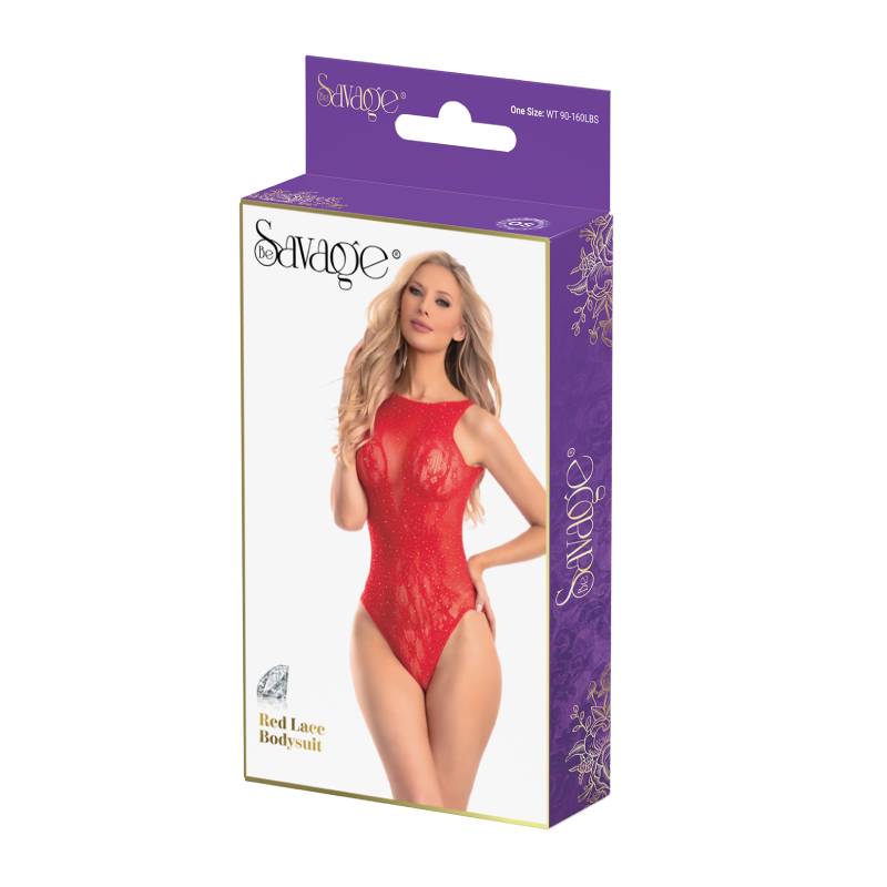 Red Lace Bodysuit Red Rhinestone