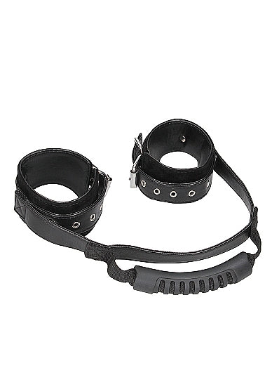 B&w Bonded Leather Hand Cuffs W/ Handle & Adjustable Straps