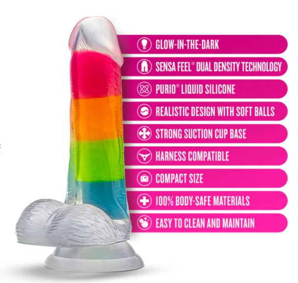 Neo Elite Glow In The Dark Rainbow Rave 6.5 Silicone Dual Density Dildo"