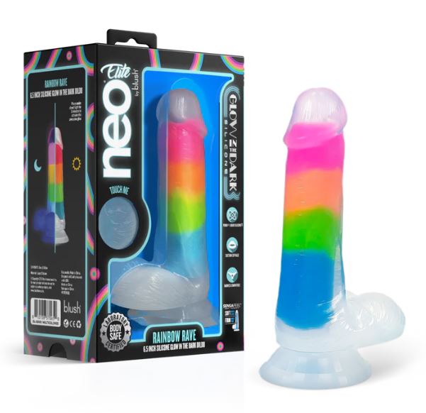 Neo Elite Glow In The Dark Rainbow Rave 6.5 Silicone Dual Density Dildo"