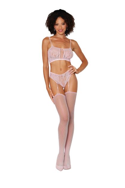 2pc Fishnet & Lace Bralette W/ High Waist Panty Ballet Pink