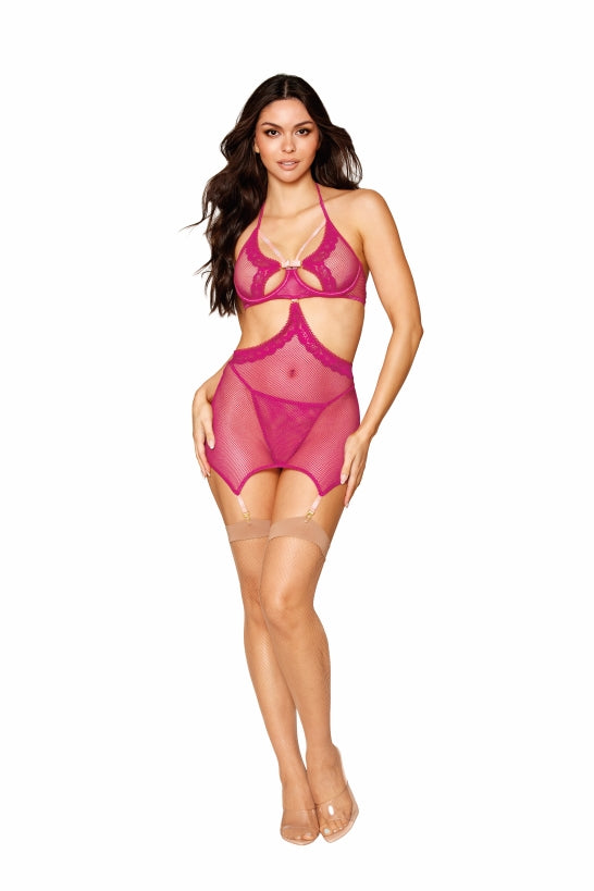 Fishnet & Lace Garter Slip Set Beet O/s