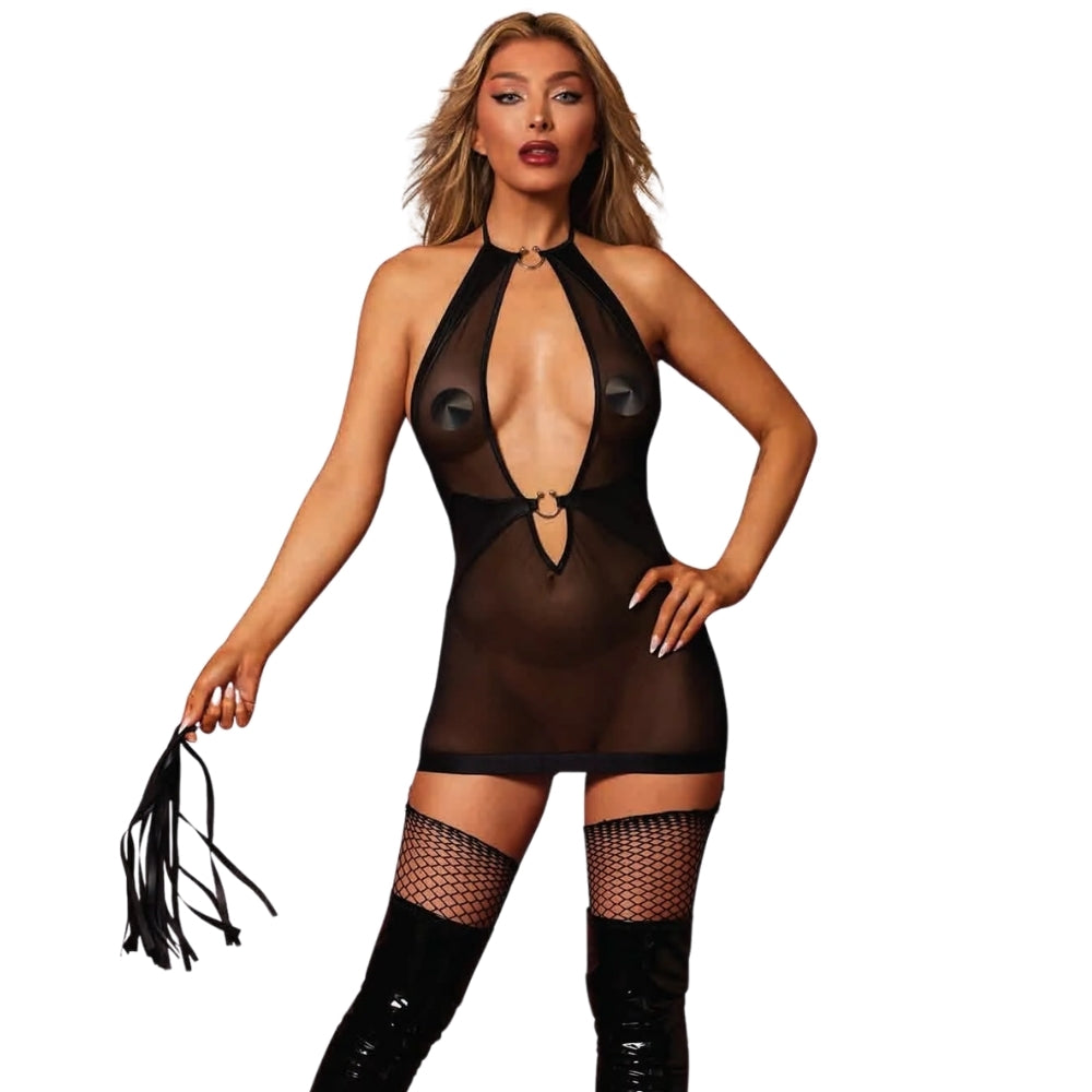 Fetish Garter Slip & Flogger Black O/s