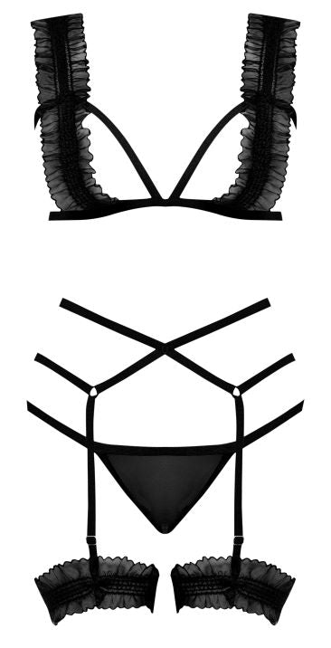 Ruffled Bra Garter & Panty Black