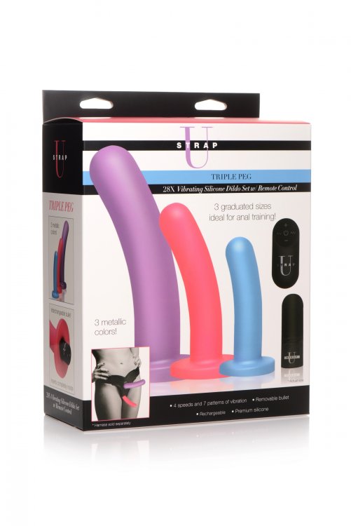 Strap U Triple Peg 28x Dildo Set Silicone W/ Remote